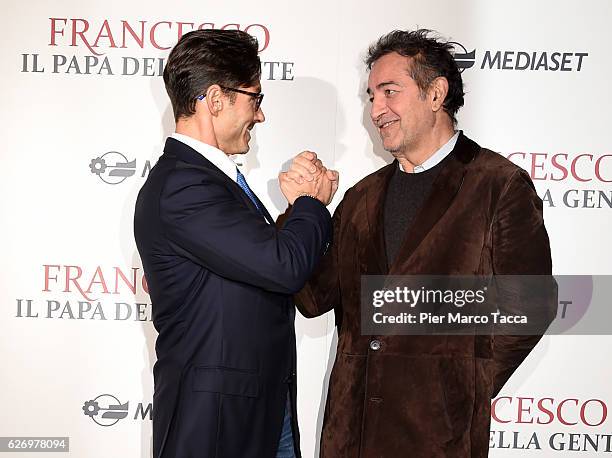 Pier Silvio Berlusconi and Pietro Valsecchi attend 'Francesco, Il Papa della Gente' TV show presentation at cinema Odeon on December 1, 2016 in...