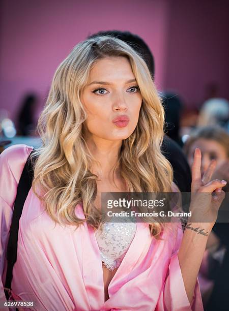 Camille Rowe poses backstage prior the 2016 Victoria's Secret Fashion Show on November 30, 2016 in Paris, France.