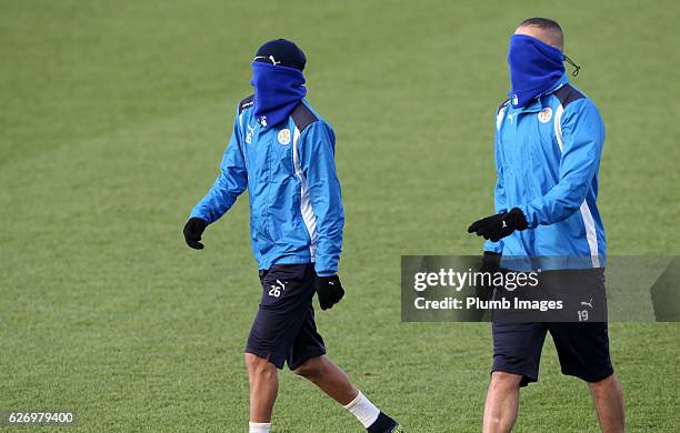 Riyad Mahrez and Islam Slimani during a Leicester City training session at Belvoir Drive Training Complex on December 01 , 2016 in Leicester, United...