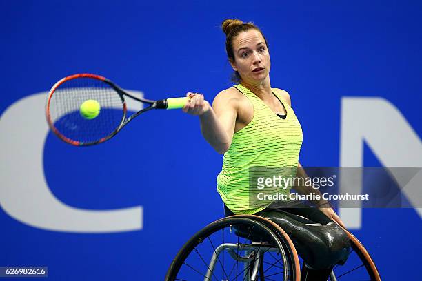Jiske Griffioen of Netherlands in action during her round robin singles match against Yui Kamiji of Japan on Day 2 of NEC Wheelchair Tennis Masters...
