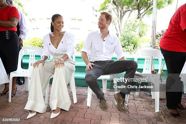 Singer Rihanna and Prince Harry prepare foran live HIV test, in order to promote more widespread testing for the public at the 'Man Aware' event held...