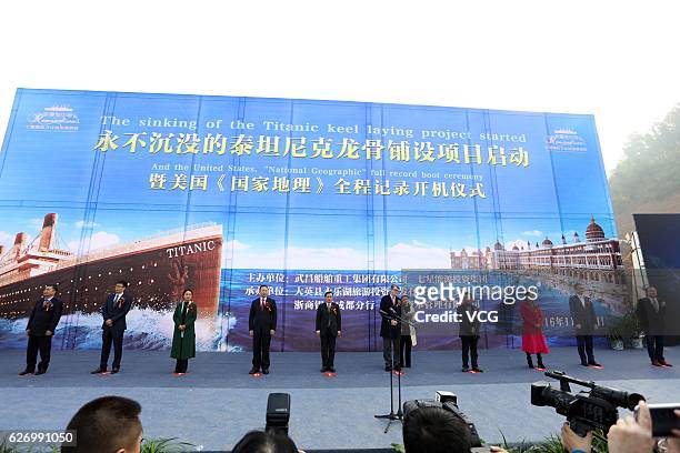 People attend a ceremony to start The Sinking of Titanic Keel Laying Project on November 30, 2016 in Suining, Sichuan Province of China. The Sinking...