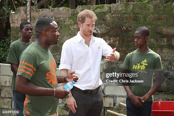 Prince Harry arrives for a visit to the 'Nature Fun Ranch' on the eleventh day of an official visit on December 1, 2016 in St Andrew, Barbados. The...