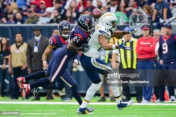 Houston Texans Cornerback Johnathan Joseph breaks up a pass play intended for San Diego Chargers Wide Receiver Tyrell Williams during the NFL...