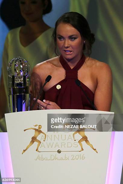 Australia's Caitlin Foord speaks after being named the AFC Women's Footballer of the Year during the Asian Football Confederation's Annual Awards...