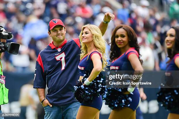 Tour golfer and Houston native Patrick Reed is introduced as Honorary Captain before the NFL football game between the San Diego Chargers and Houston...