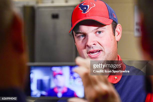 Tour golfer and Houston native Patrick Reed answers questions during a presser before he was introduced as Honorary Captain before the NFL football...