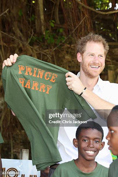 Prince Harry poses with a t-shirt at the 'Nature Fun Ranch' on the eleventh day of an official visit on December 1, 2016 in St Andrew, Barbados. The...