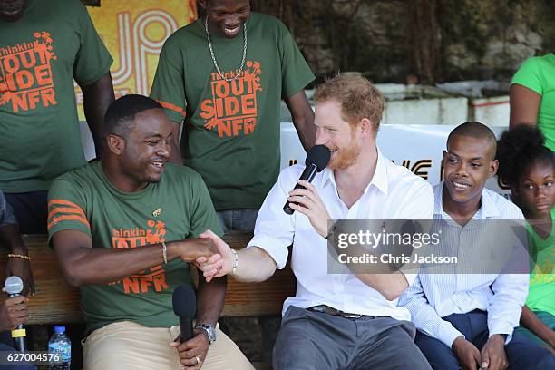 Prince Harry is seen on stage at 'Nature Fun Ranch' on the eleventh day of an official visit on December 1, 2016 in St Andrew, Barbados. The ranch...