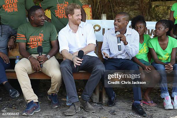 Prince Harry is seen on stage at 'Nature Fun Ranch' on the eleventh day of an official visit on December 1, 2016 in St Andrew, Barbados. The ranch...