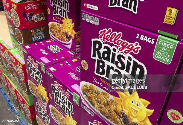 Boxes of Kellogg's cereals including Froot Loops, Cocoa Krispies and Raisin Bran are seen at a store in Arlington, Virginia, December 1, 2016....