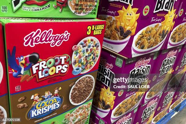 Boxes of Kellogg's cereals including Froot Loops, Cocoa Krispies and Raisin Bran are seen at a store in Arlington, Virginia, December 1, 2016....
