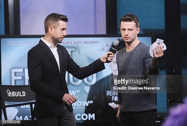 Magician Mat Franco and moderator Charles Thorp attend Build Presents 'Magic Reinvented Nightly' at AOL HQ on December 1, 2016 in New York City.