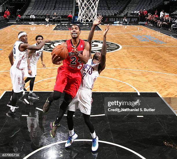 Wesley Saunders of the Windy City Bulls drives to the basket against the Long Island Nets during an NBA D-League game between the Windy City Bulls...