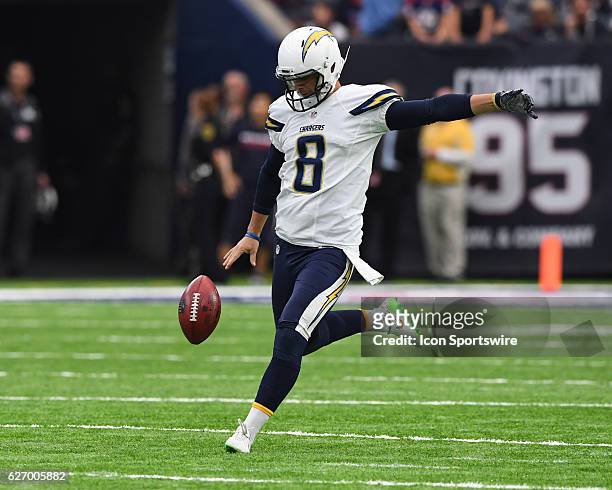 San Diego Chargers Punter Drew Kaser punts during the NFL Football game between the San Diego Chargers and the Houston Texans on November 27 at NRG...