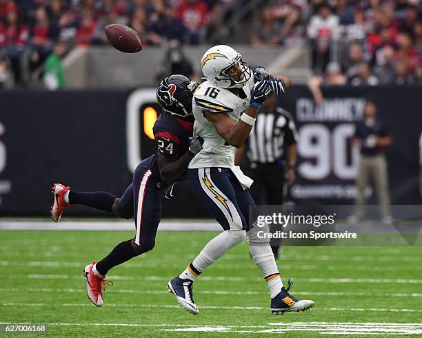 Houston Texans Cornerback Johnathan Joseph breaks up a pass intended for San Diego Chargers Wide Receiver Tyrell Williams during the NFL Football...