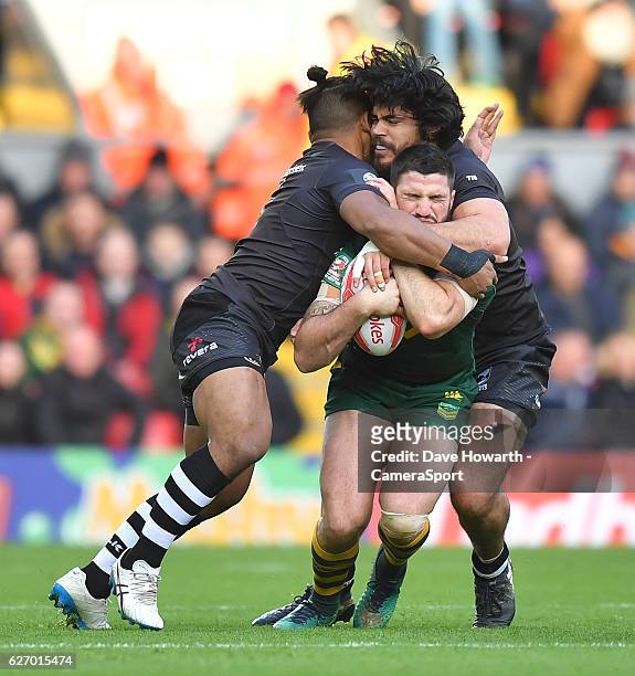 Australia's Matt Gillett is tackled during the Four Nations match between the New Zealand Kiwis and Australian Kangaroos at Anfield on November 20,...