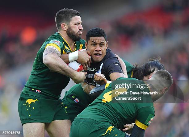 New Zealand's David Fusitu'a is tackled during the Four Nations match between the New Zealand Kiwis and Australian Kangaroos at Anfield on November...