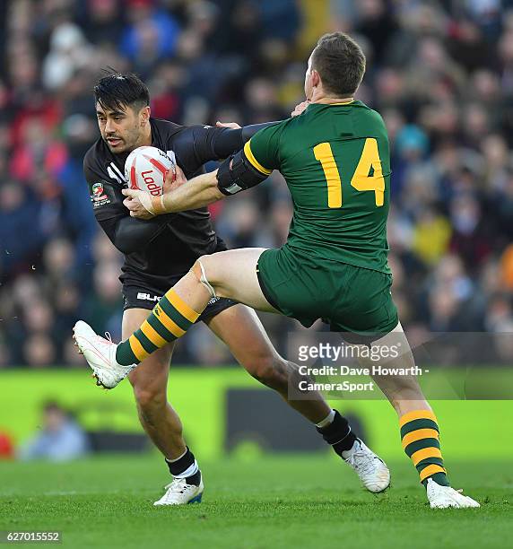 New Zealand's Jordan Kahu is tackled by Australia's Michael Morgan during the Four Nations match between the New Zealand Kiwis and Australian...