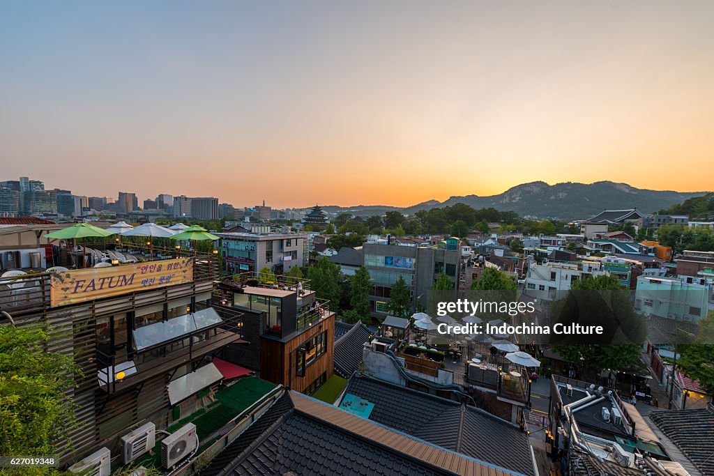 View from Bukchon Hanok Village - sunset on Namsan mountain