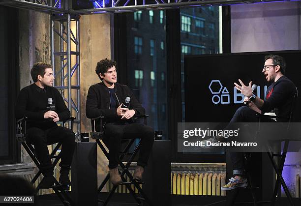 Ian Hecox and Anthony Padilla speak with moderator Matt Forte during Build Presents 'Ghostmates' at AOL HQ on December 1, 2016 in New York City.