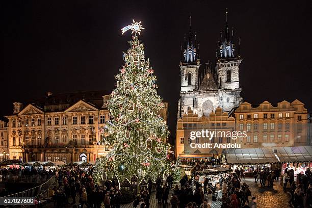 The illuminated Christmas tree at the Christmas market at Old Town Square in Prague, Czech Republic on December 1, 2016. Christmas markets,...