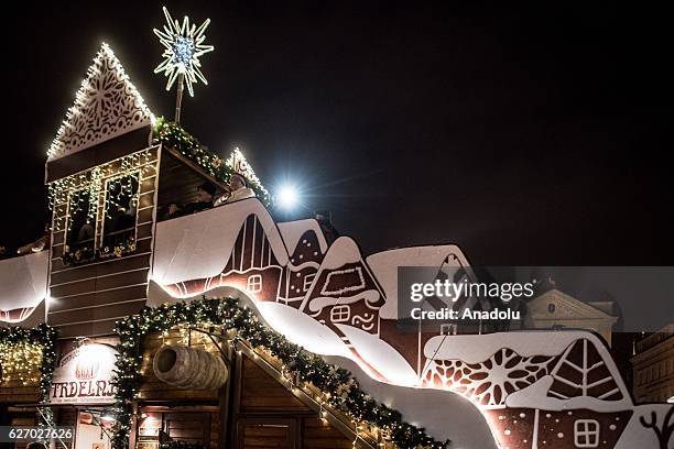 General view of the Old Town Square at the Christmas market at Old Town Square in Prague, Czech Republic on December 1, 2016. Christmas markets,...