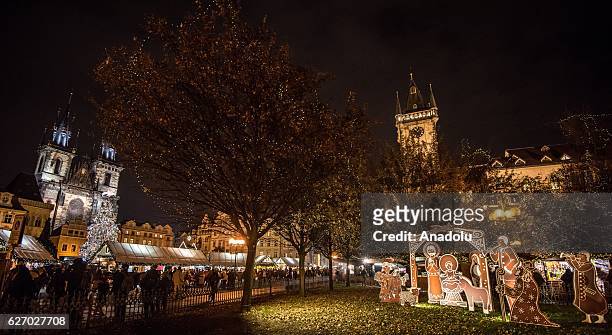 General view of the Old Town Square at the Christmas market at Old Town Square in Prague, Czech Republic on December 1, 2016. Christmas markets,...