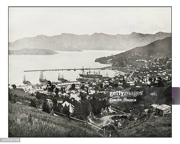 antique photograph of lyttelton, new zealand - christchurch new zealand stock illustrations