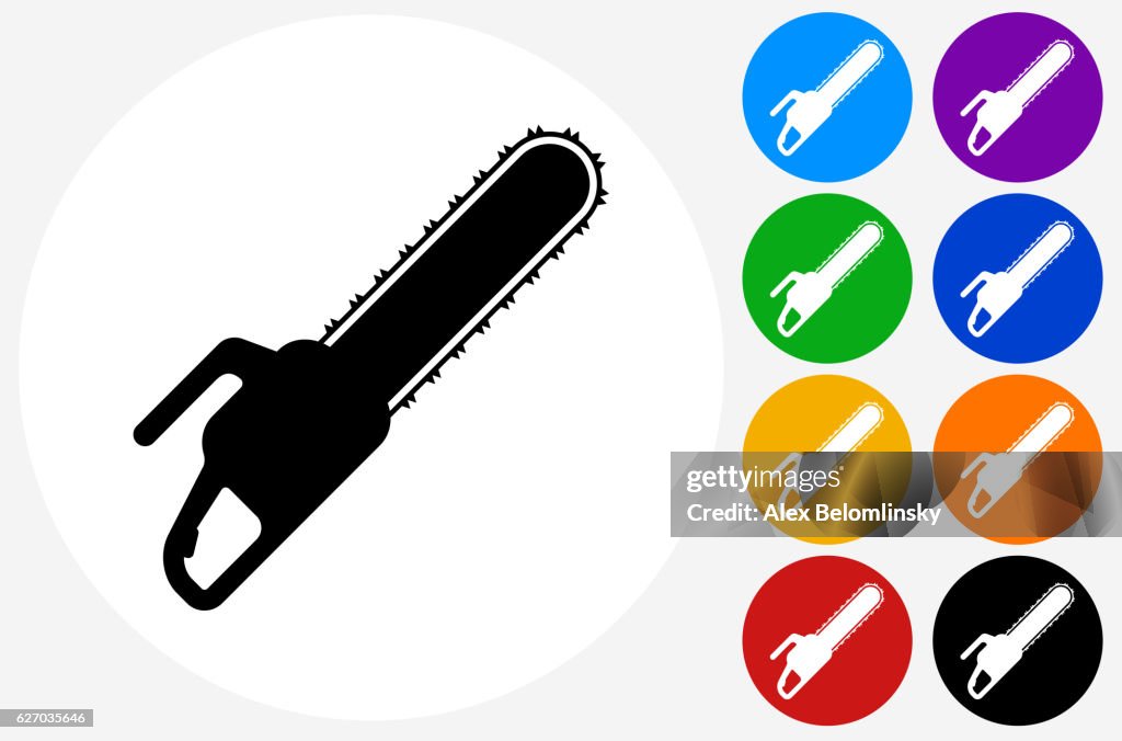 Icono de motosierra en botones de círculo de color plano