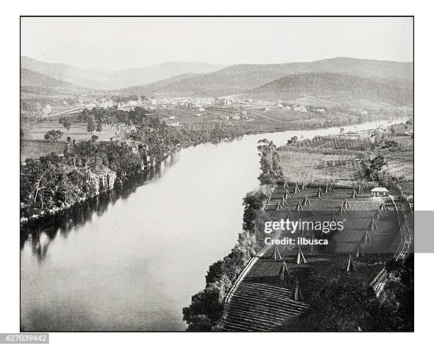 antique photograph of new norfolk, derwent river, tasmania - derwent reservoir stock illustrations