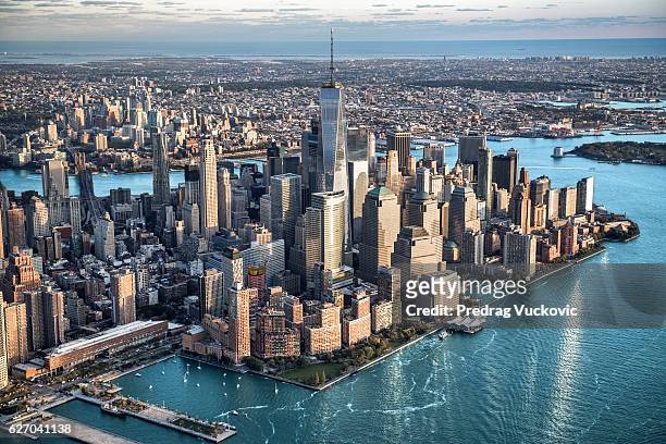aerial view of manhattan in new york - lower manhattan stock pictures, royalty-free photos & images