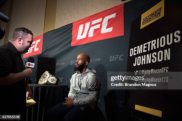 Flyweight champion Demetrious Johnson speaks to the media during the TUF Finale Ultimate Media Day in the Palms Resort & Casino on December 1, 2016...