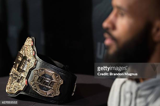 Flyweight champion Demetrious Johnson speaks to the media during the TUF Finale Ultimate Media Day in the Palms Resort & Casino on December 1, 2016...