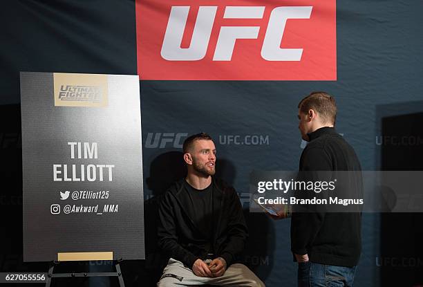 Winner Tim Elliott speaks to the media during the TUF Finale Ultimate Media Day in the Palms Resort & Casino on December 1, 2016 in Las Vegas, Nevada.