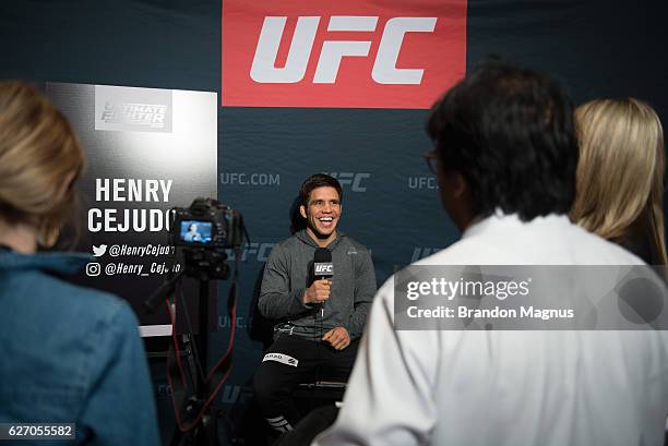 Henry Cejudo speaks to the media during the TUF Finale Ultimate Media Day in the Palms Resort & Casino on December 1, 2016 in Las Vegas, Nevada.