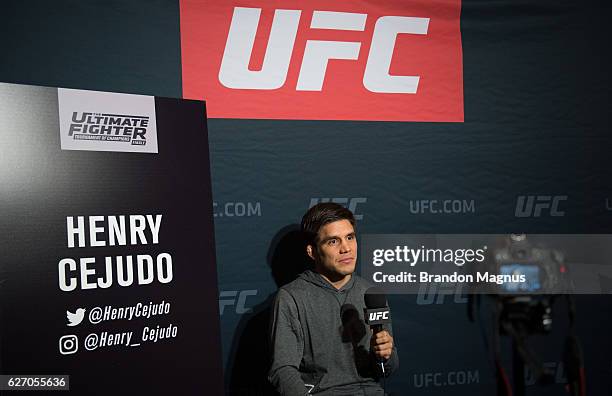 Henry Cejudo speaks to the media during the TUF Finale Ultimate Media Day in the Palms Resort & Casino on December 1, 2016 in Las Vegas, Nevada.