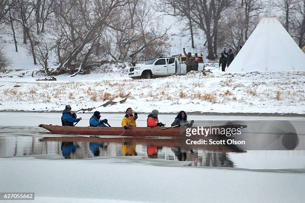 Native Americans from Washington state arrive at Oceti Sakowin Camp on the edge of the Standing Rock Sioux Reservation after traveling from the...