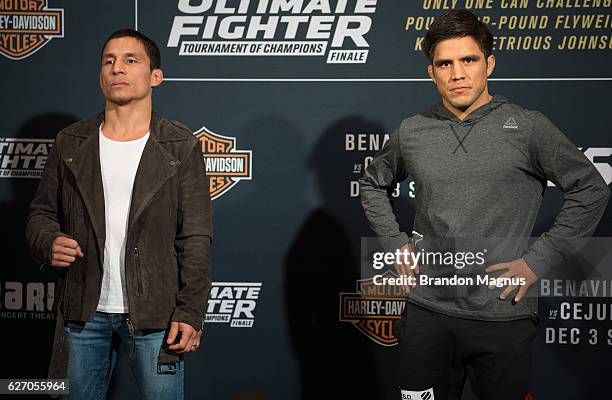 Joseph Benavidez and Henry Cejudo pose for a picture during the TUF Finale Ultimate Media Day in the Palms Resort & Casino on December 1, 2016 in Las...