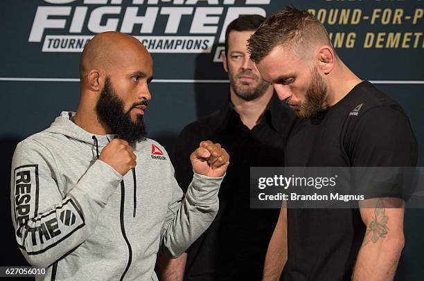 Flyweight champion Demetrious Johnson and TUF 24 winner Tim Elliott face off during the TUF Finale Ultimate Media Day in the Palms Resort & Casino on...