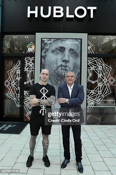 Maxime Buchi and CEO, Hublot Ricardo Guadalupe attends the Hublot Sang Bleu Live Tattoo Studio Pop-Up with Maxime Buchi at Miami Design District on...