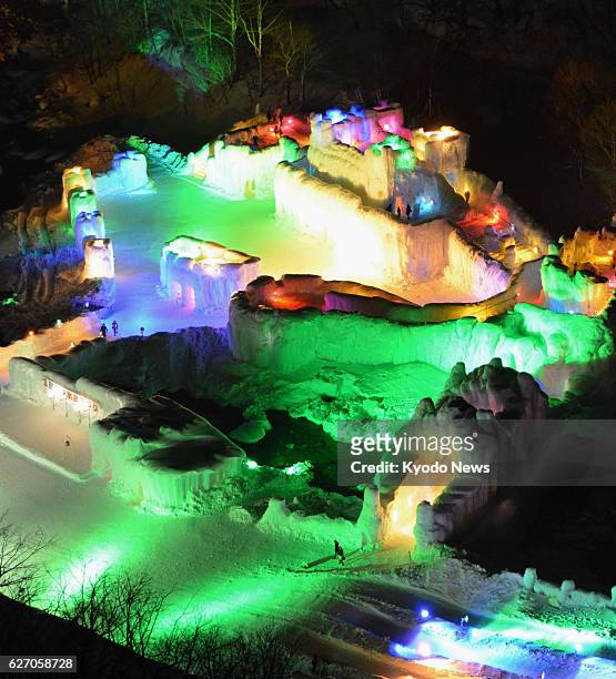 Kamikawa, Japan - Photo taken Jan. 19 shows an ice sculpture of a British castle lit up during the Sounkyo ice festival in Kamikawa, Hokkaido.