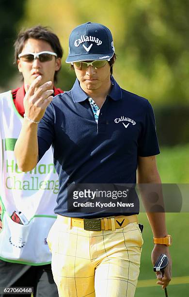 California - Japanese golfer Ryo Ishikawa shows frustration after missing a birdie putt on the No. 3 hole in the final round of the Humana Challenge...