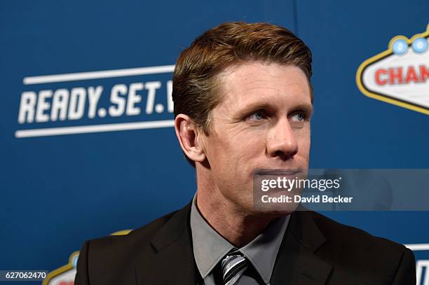 Carl Edwards looks on during media availability after the NASCAR NMPA Myers Brothers Awards Luncheon at Wynn Las Vegas on December 1, 2016 in Las...