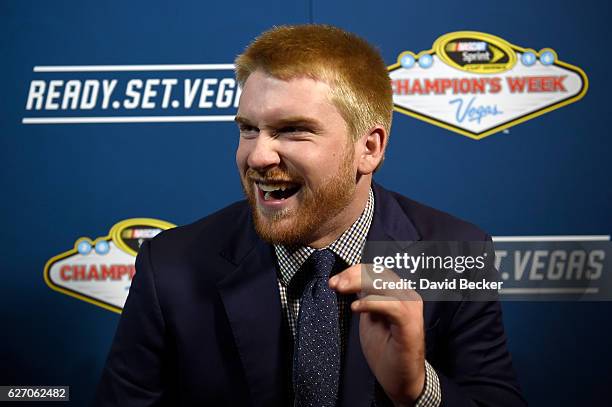 Chris Buescher smiles during media availability after the NASCAR NMPA Myers Brothers Awards Luncheon at Wynn Las Vegas on December 1, 2016 in Las...