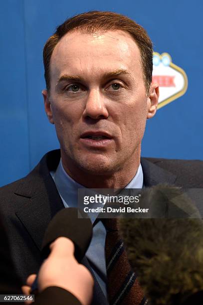 Kevin Harvick answers questions during media availability after the NASCAR NMPA Myers Brothers Awards Luncheon at Wynn Las Vegas on December 1, 2016...