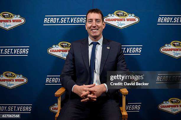 Kyle Busch smiles during media availability after the NASCAR NMPA Myers Brothers Awards Luncheon at Wynn Las Vegas on December 1, 2016 in Las Vegas,...