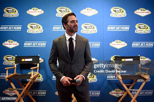 Sprint Cup champion Jimmie Johnson looks on during media availability after the NASCAR NMPA Myers Brothers Awards Luncheon at Wynn Las Vegas on...