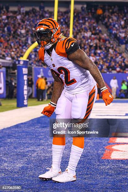 Cincinnati Bengals running back Jeremy Hill celebrates after scoring a touchdown during the second half of the National Football League game between...