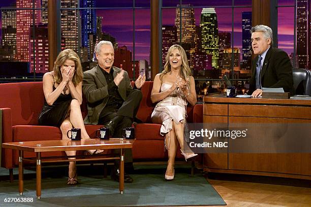 Episode 2458 -- Pictured: Television personalities, Dorothy Lucey, Steve Edwards, and Jillian Barberie during an interview with host Jay Leno on...